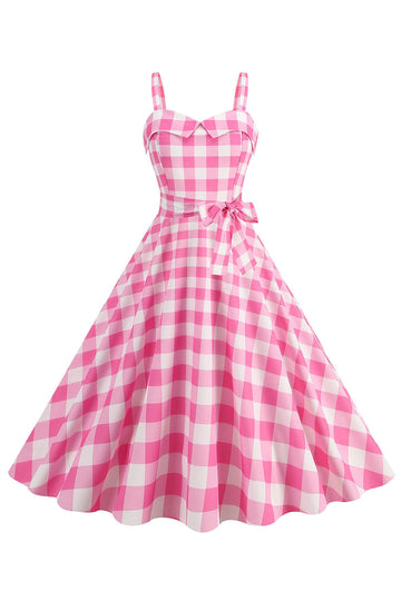 Plaid Rosa Esparguete Correias Uma Linha 1950 Vestido